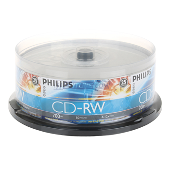 Philips CD-RW 4X-12X Silver Branded Rewritable CDRW Blank Media Discs (CDRW8012/550) 80Min/700MB in 25 Pack Cake Box 